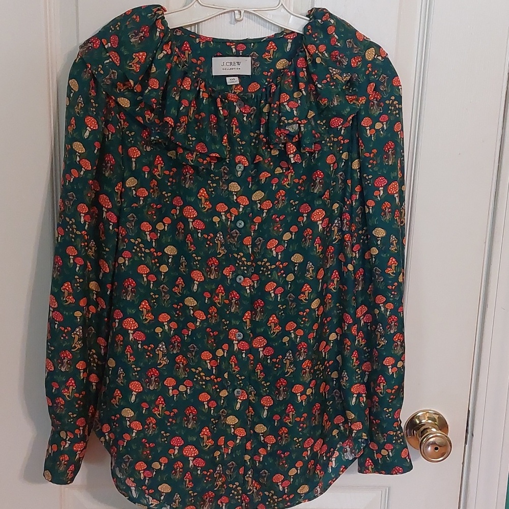 J. Crew Green Silk Mushroom Ruffle-Neck Blouse - Picture 3 of 7